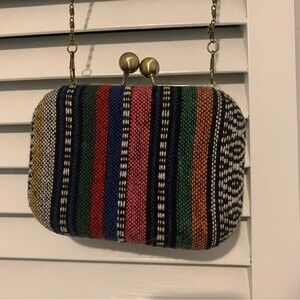 Vintage MMS Tribal Hard Purse Butterfly Clasp Cross Body Metal Chain Strap